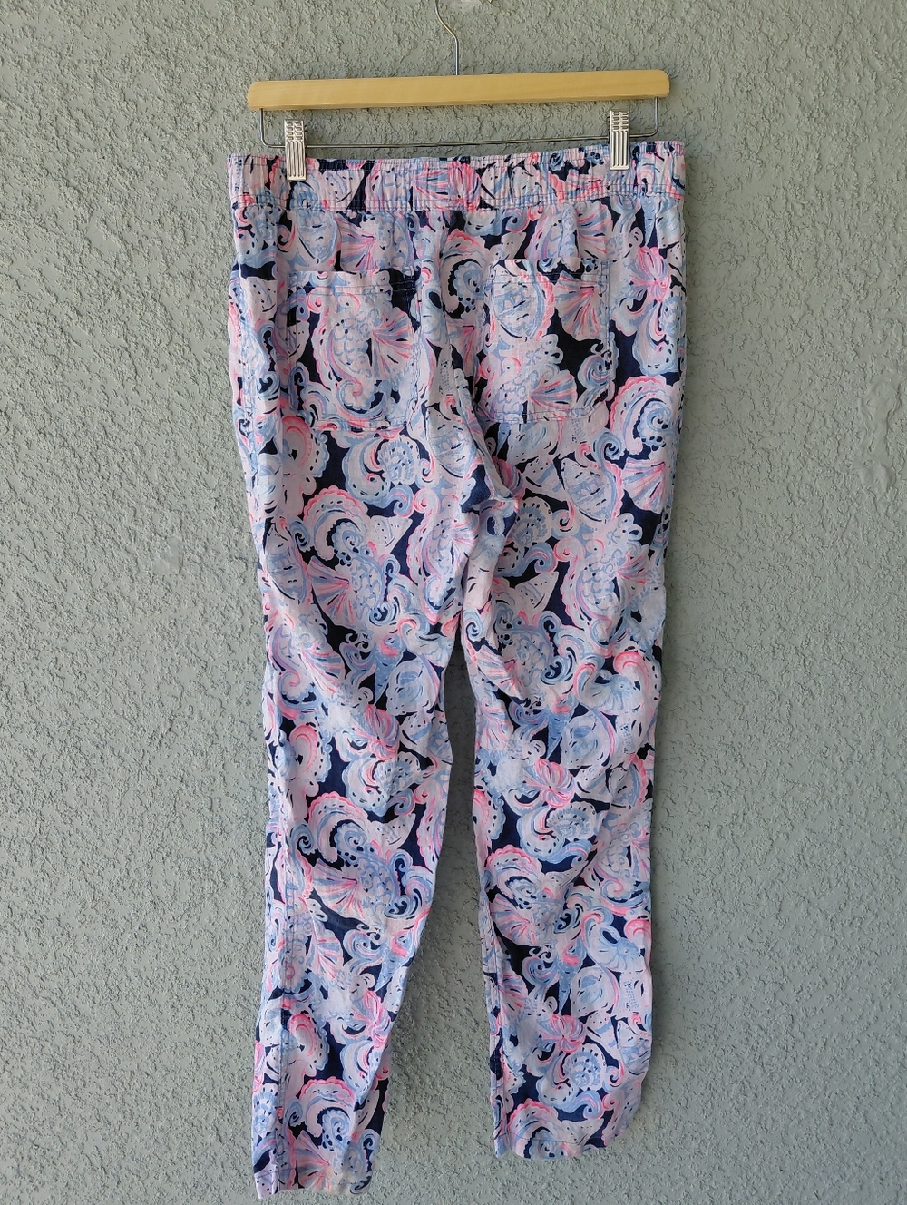 Lilly Pulitzer Linen  Beach Pants  Blue Pink Coastal Print Pull-On Casual Resort - Picture 5 of 12